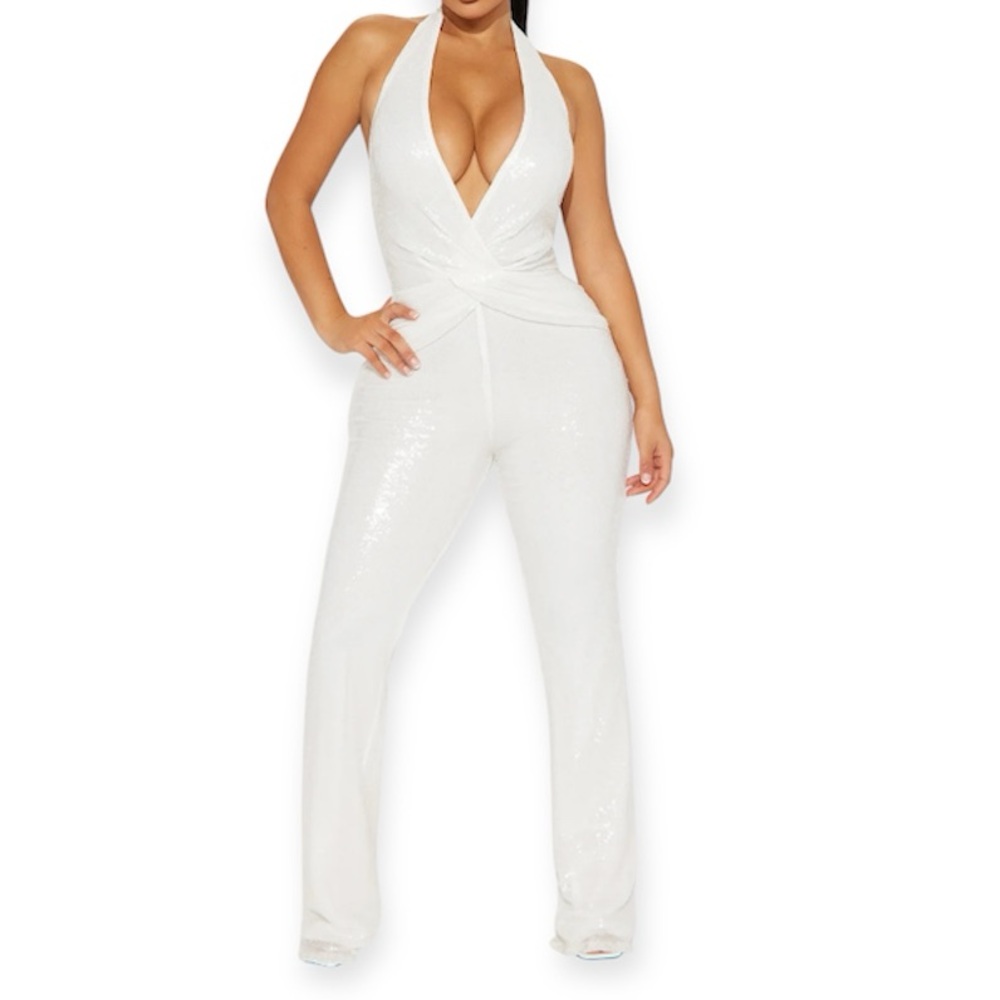 Fashion Nova White Sequin Halter Jumpsuit
